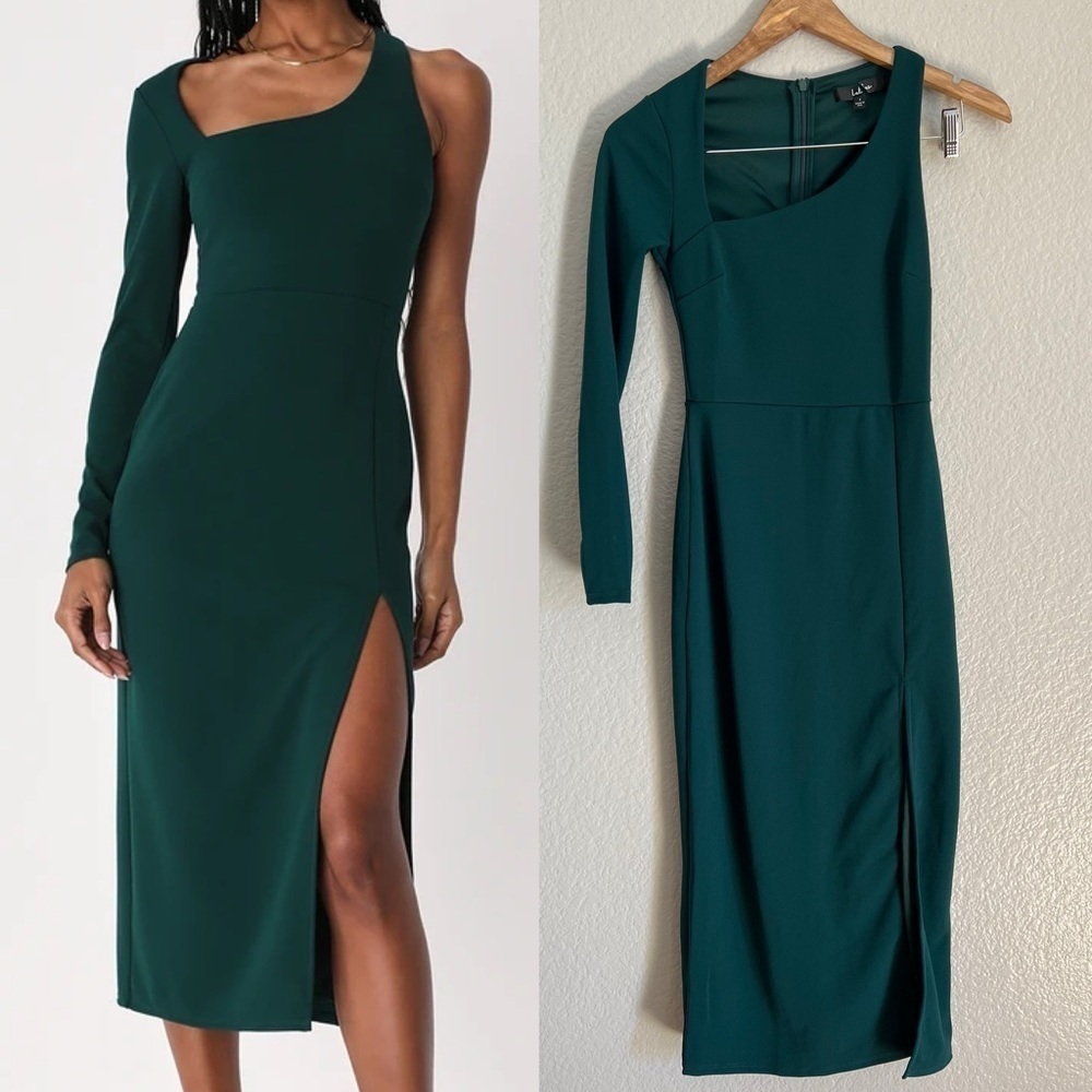 NWOT Stunning Drama Emerald Green Asymmetrical Long Sleeve Midi Dress